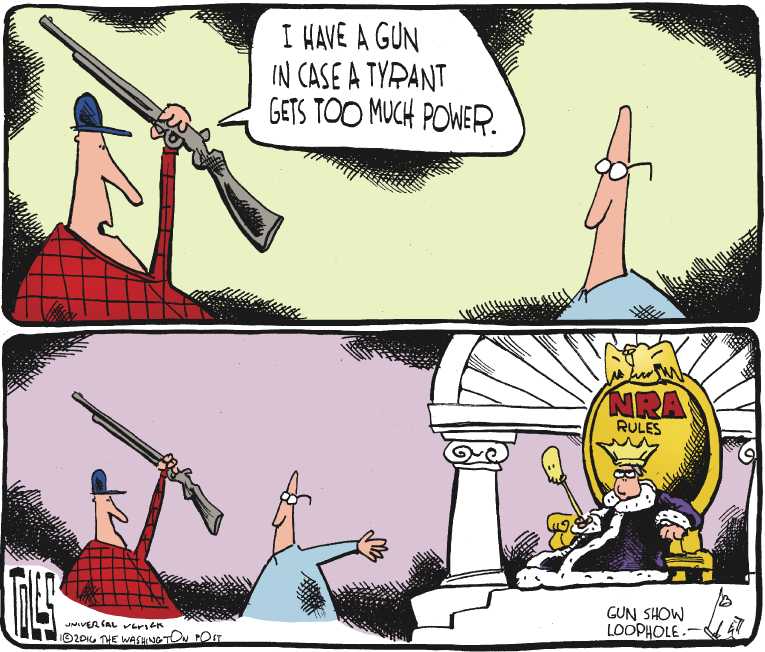 Political/Editorial Cartoon by Tom Toles, Washington Post on Gun Battle Heating Up
