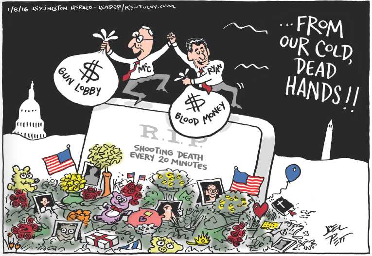 Political/Editorial Cartoon by Joel Pett, Lexington Herald-Leader, CWS/CartoonArts Intl. on Gun Battle Heating Up