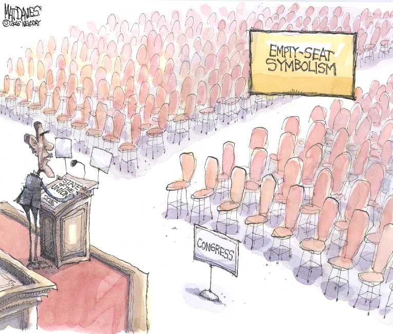 Political/Editorial Cartoon by Matt Davies, Journal News on Obama Delivers Last SOTU Address