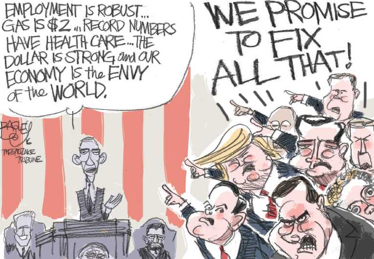 Political/Editorial Cartoon by Pat Bagley, Salt Lake Tribune on Obama Delivers Last SOTU Address