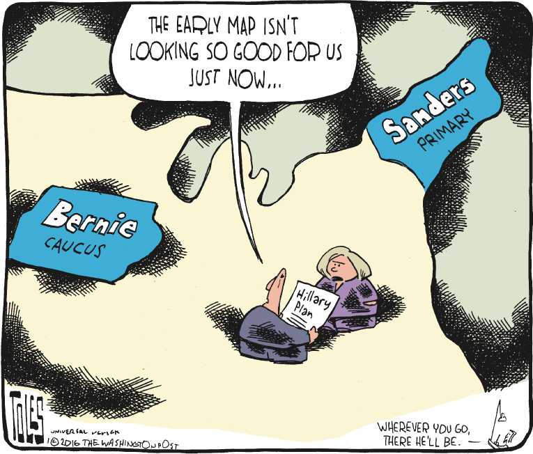 Political/Editorial Cartoon by Tom Toles, Washington Post on Clinton Feeling the Bern