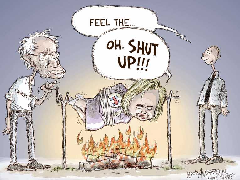 Political/Editorial Cartoon by Nick Anderson, Houston Chronicle on Clinton Feeling the Bern