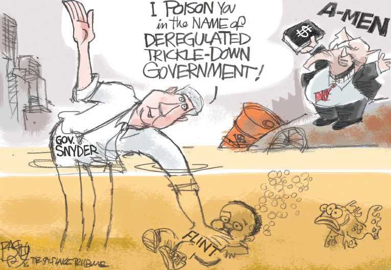 Political/Editorial Cartoon by Pat Bagley, Salt Lake Tribune on Thousands Poisoned in Flint