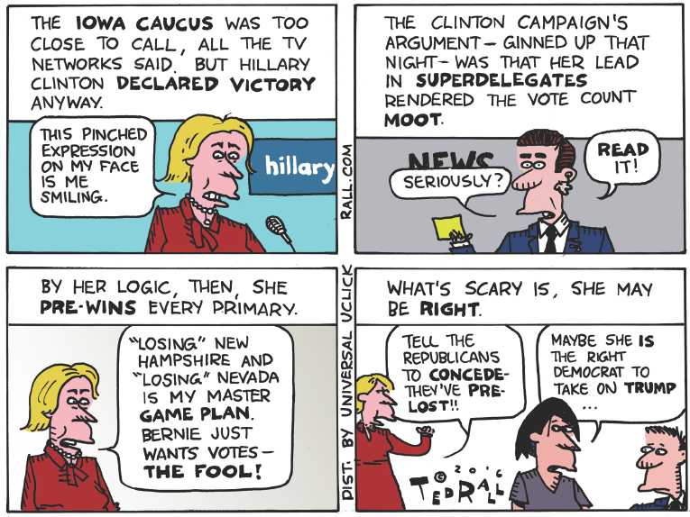 Political/Editorial Cartoon by Ted Rall on Clinton Claims Victory
