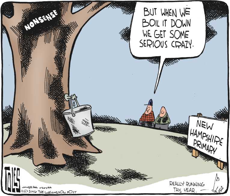 Political/Editorial Cartoon by Tom Toles, Washington Post on Race Moves to New Hampshire
