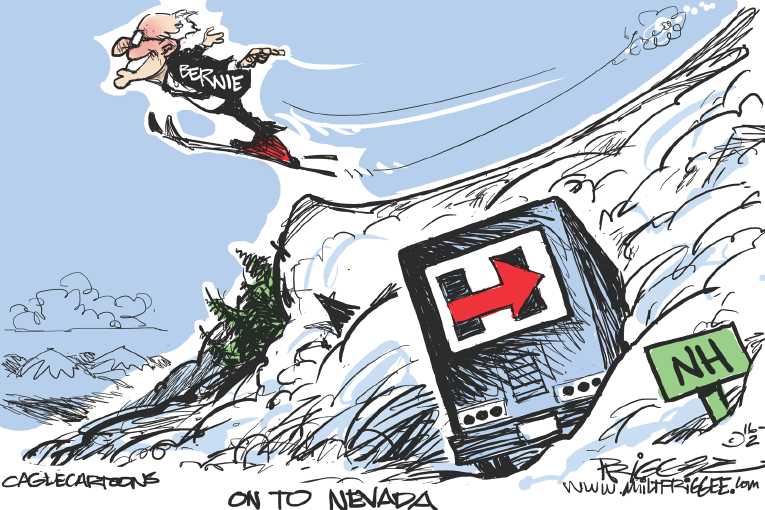 Political/Editorial Cartoon by Milt Priggee, www.miltpriggee.com on Bernie Wins Big In New Hampshire