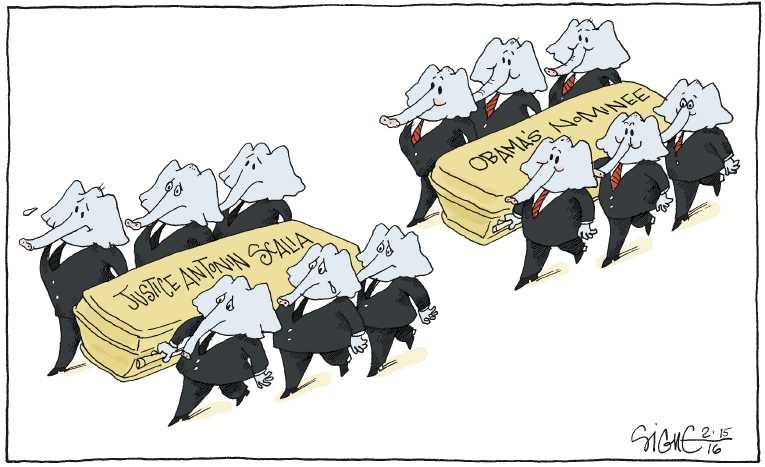 Political/Editorial Cartoon by Signe Wilkinson, Philadelphia Daily News on Scalia Dead