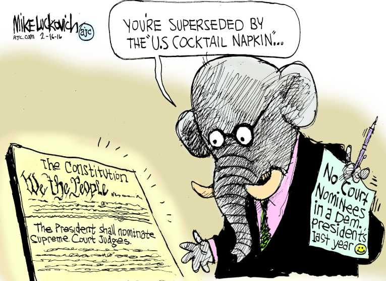 Political/Editorial Cartoon by Mike Luckovich, Atlanta Journal-Constitution on Scalia Dead