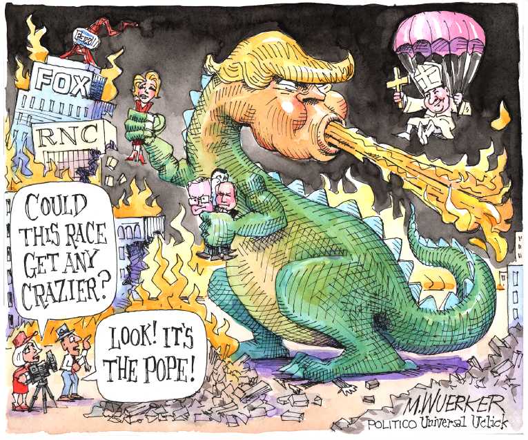 Political/Editorial Cartoon by Matt Wuerker, Politico on Trump Battles Pope
