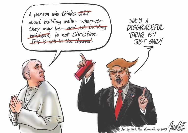 Political/Editorial Cartoon by Darrin Bell, Washington Post Writers Group on Trump Battles Pope