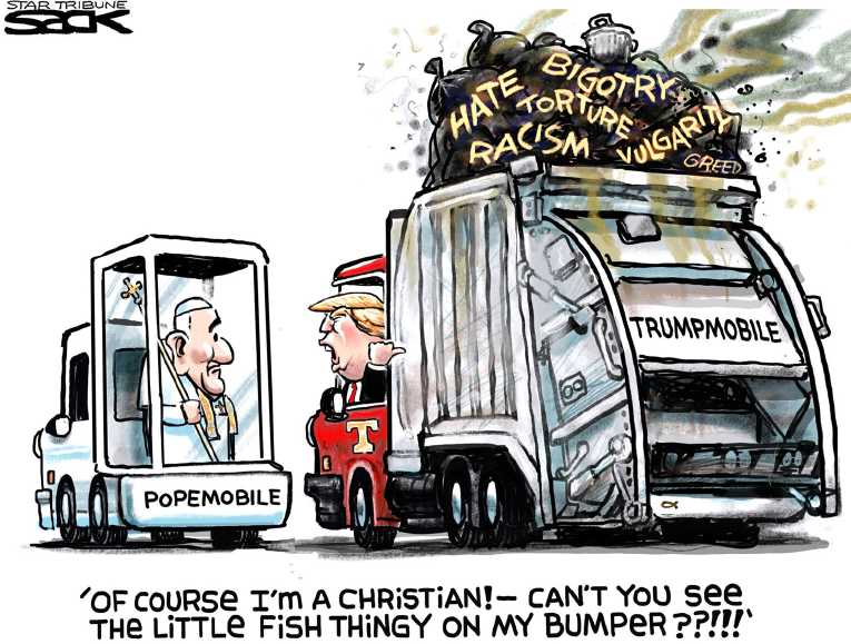 Political/Editorial Cartoon by Steve Sack, Minneapolis Star Tribune on Trump Battles Pope