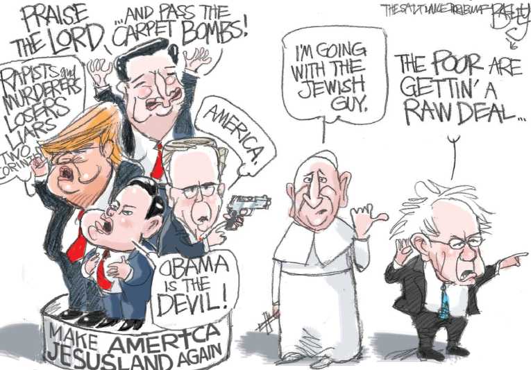 Political/Editorial Cartoon by Pat Bagley, Salt Lake Tribune on Trump Battles Pope