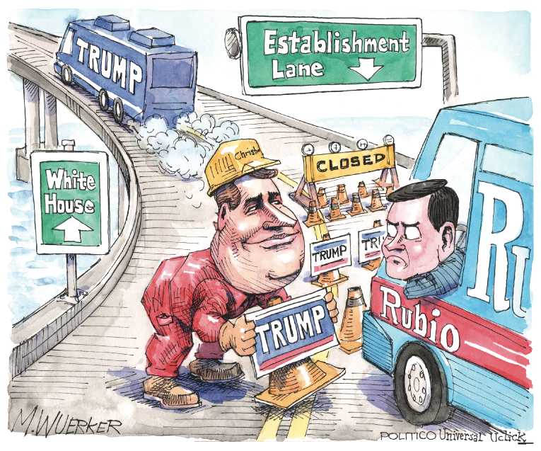 Political/Editorial Cartoon by Matt Wuerker, Politico on Christie Endorses Trump