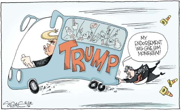 Political/Editorial Cartoon by Signe Wilkinson, Philadelphia Daily News on Christie Endorses Trump