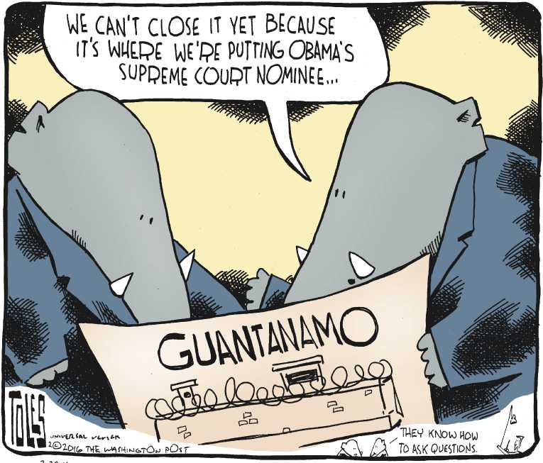 Political/Editorial Cartoon by Tom Toles, Washington Post on President Proposes Gitmo Shutdown