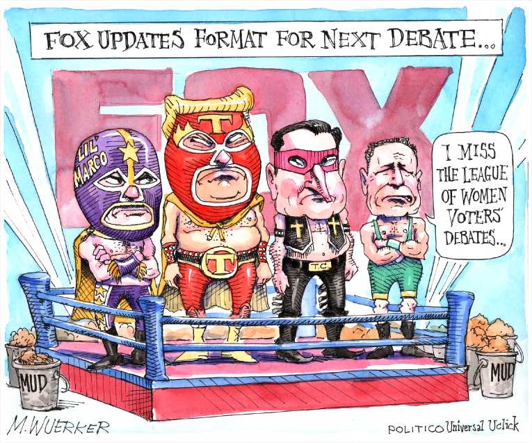 Political/Editorial Cartoon by Matt Wuerker, Politico on Candidates Debate Penis Size