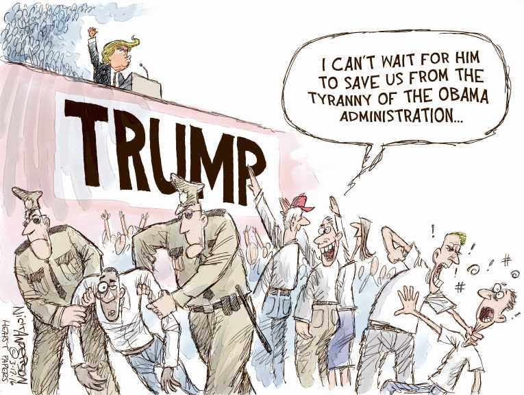 Political/Editorial Cartoon by Nick Anderson, Houston Chronicle on Violence Erupts at Trump Rallies