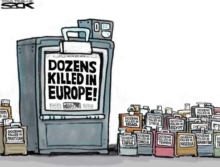 Political/Editorial Cartoon by Steve Sack, Minneapolis Star Tribune on Terrorism Strikes Brussels