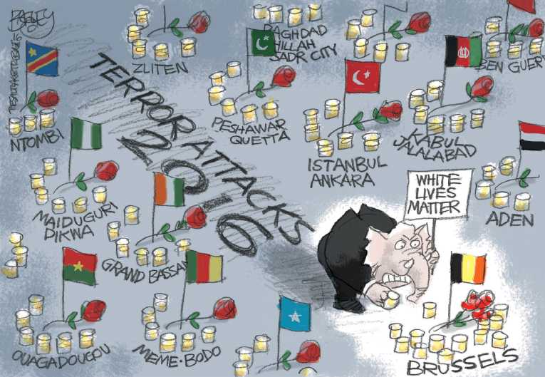 Political/Editorial Cartoon by Pat Bagley, Salt Lake Tribune on Terrorism Strikes Brussels