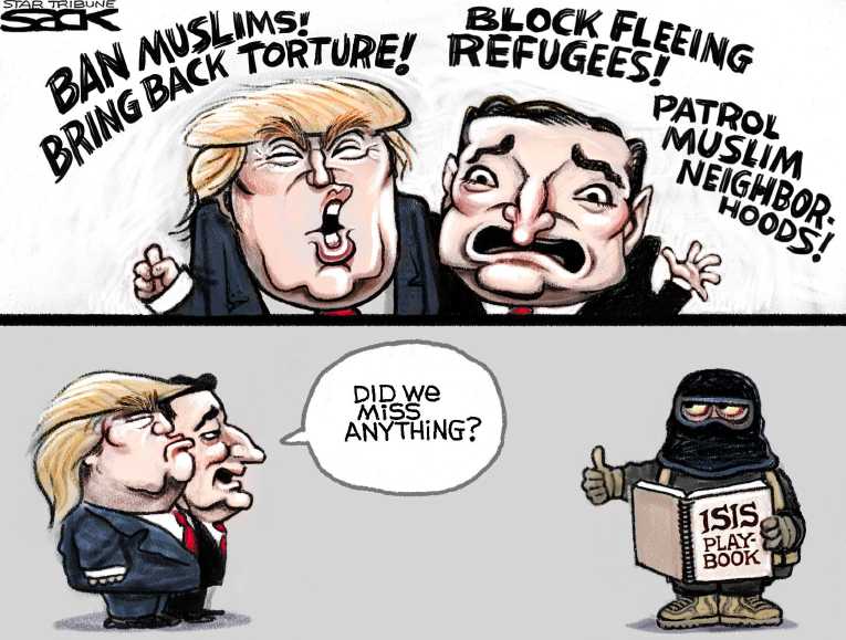 Political/Editorial Cartoon by Steve Sack, Minneapolis Star Tribune on Trump, Cruz Respond to Attacks