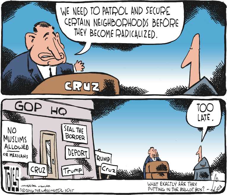 Political/Editorial Cartoon by Tom Toles, Washington Post on Trump, Cruz Respond to Attacks