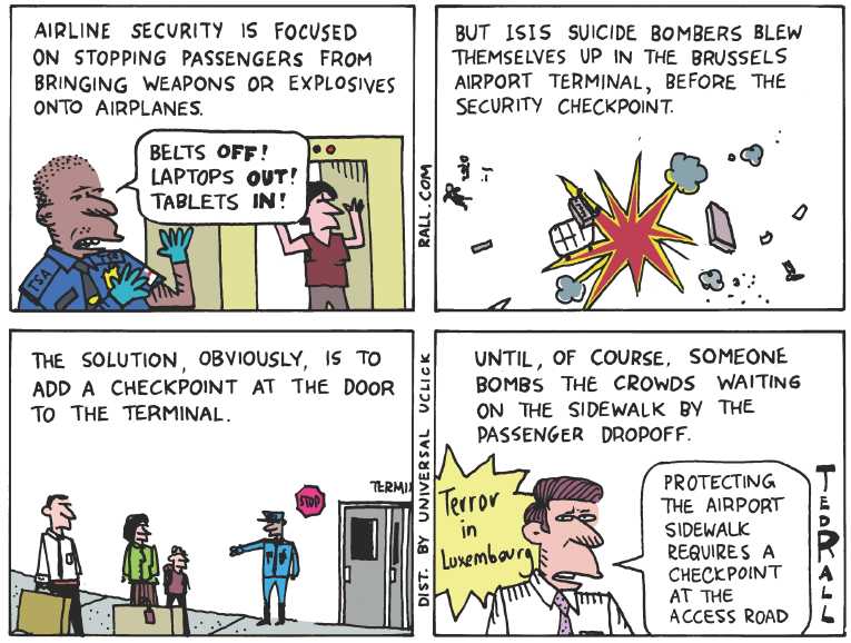 Political/Editorial Cartoon by Ted Rall on No Follow-up Attacks After Brussels