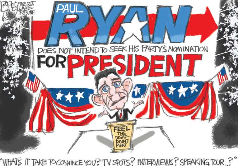 Political/Editorial Cartoon by Pat Bagley, Salt Lake Tribune on Ryan Announces Non-Candidacy