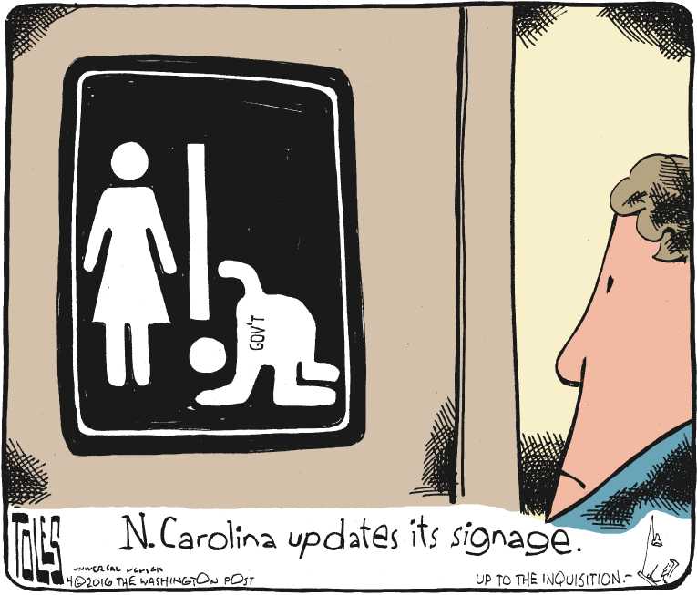 Political/Editorial Cartoon by Tom Toles, Washington Post on Bathroom Battles Escalate