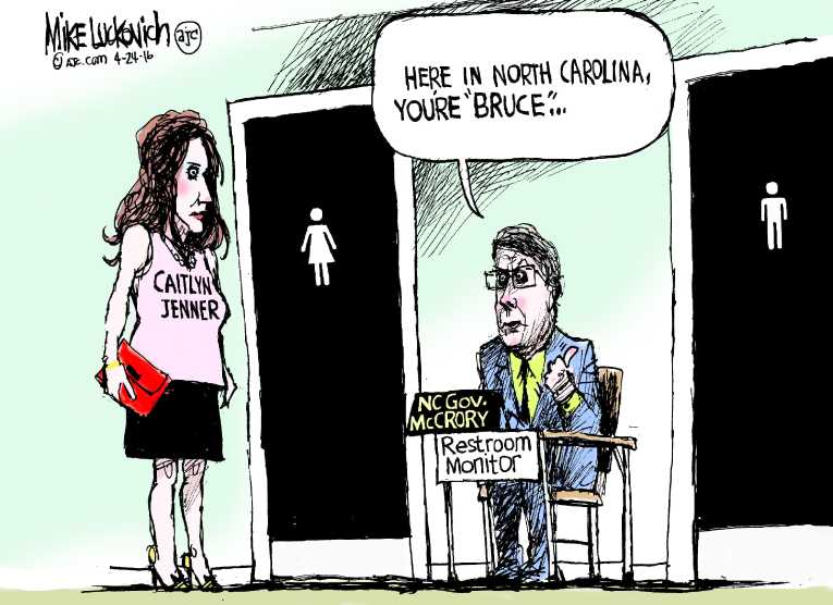 Political/Editorial Cartoon by Mike Luckovich, Atlanta Journal-Constitution on Bathroom Battles Escalate