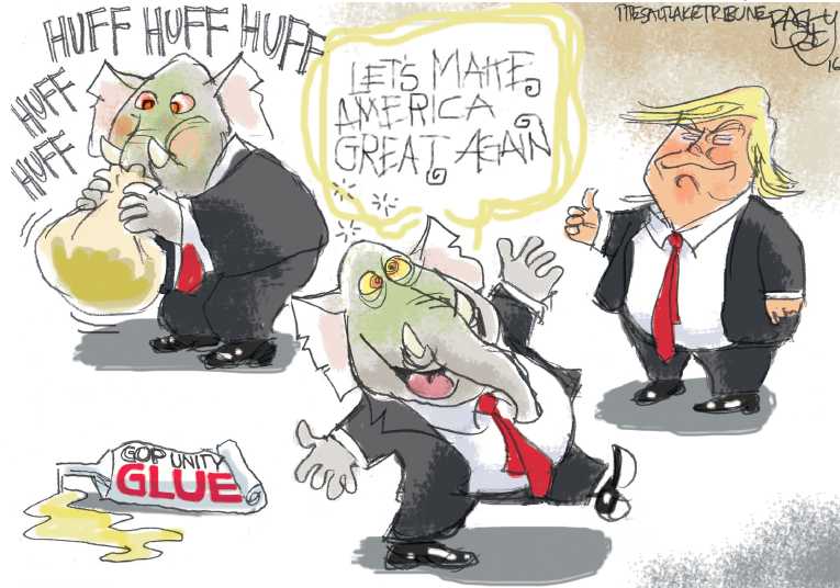 Political/Editorial Cartoon by Pat Bagley, Salt Lake Tribune on Party Leaders Accepting Trump