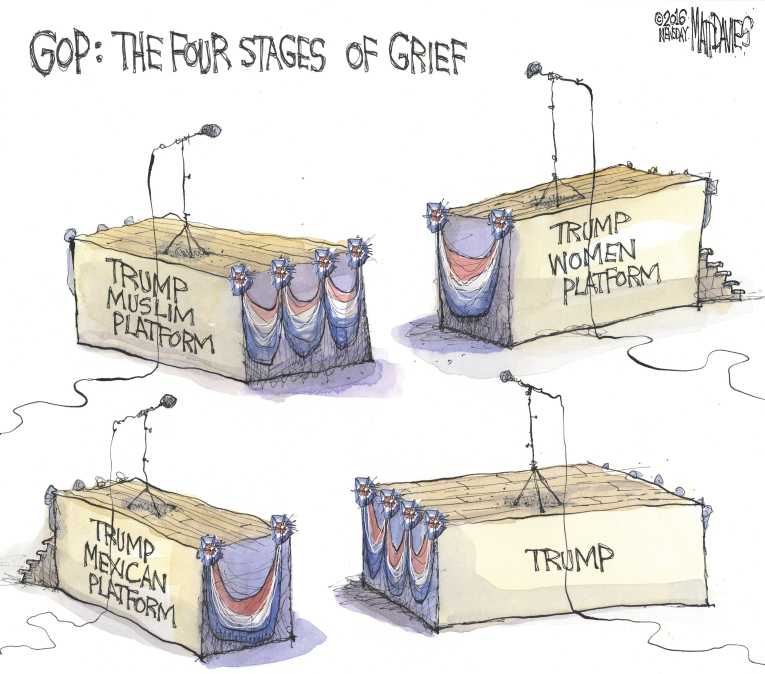 Political/Editorial Cartoon by Matt Davies, Journal News on Party Leaders Accepting Trump