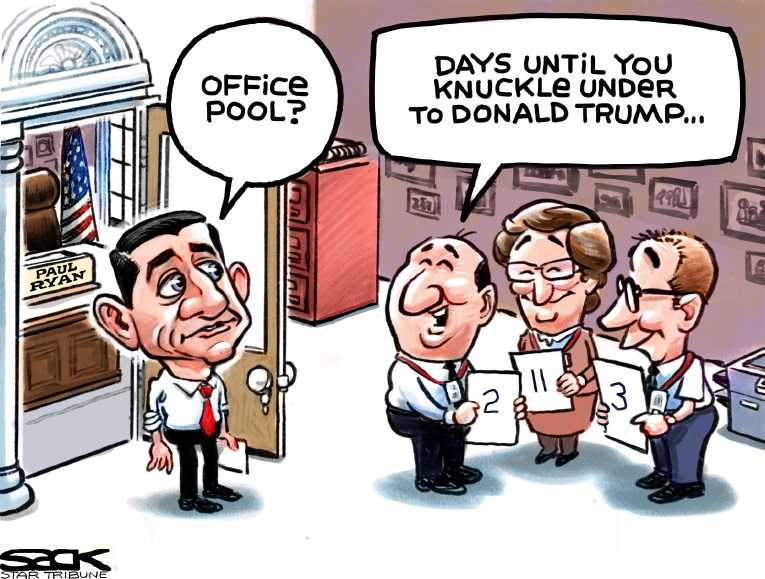 Political/Editorial Cartoon by Steve Sack, Minneapolis Star Tribune on Party Leaders Accepting Trump