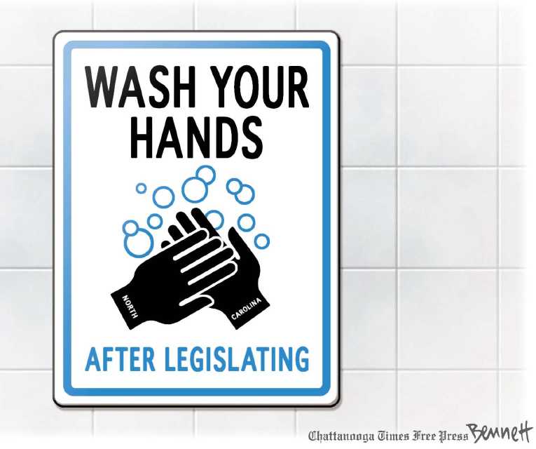 Political/Editorial Cartoon by Clay Bennett, Chattanooga Times Free Press on Bathroom Laws Rock N. Carolina