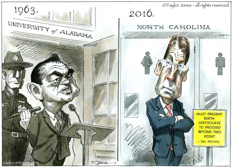 Political/Editorial Cartoon by Taylor Jones, Tribune Media Services on Bathroom Laws Rock N. Carolina
