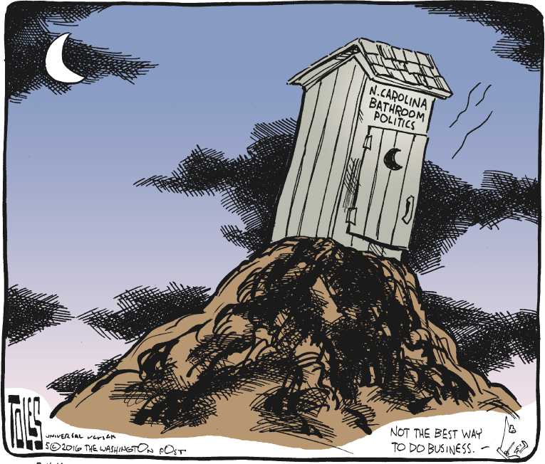 Political/Editorial Cartoon by Tom Toles, Washington Post on Bathroom Laws Rock N. Carolina