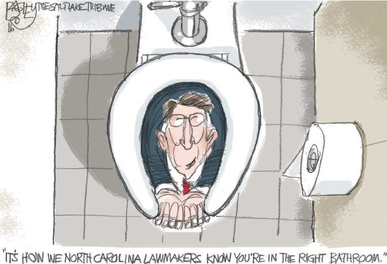 Political/Editorial Cartoon by Pat Bagley, Salt Lake Tribune on Bathroom Laws Rock N. Carolina