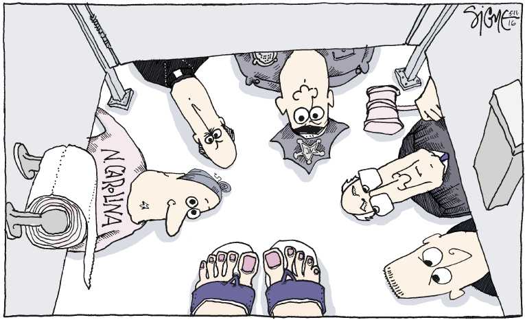 Political/Editorial Cartoon by Signe Wilkinson, Philadelphia Daily News on Bathroom Laws Rock N. Carolina