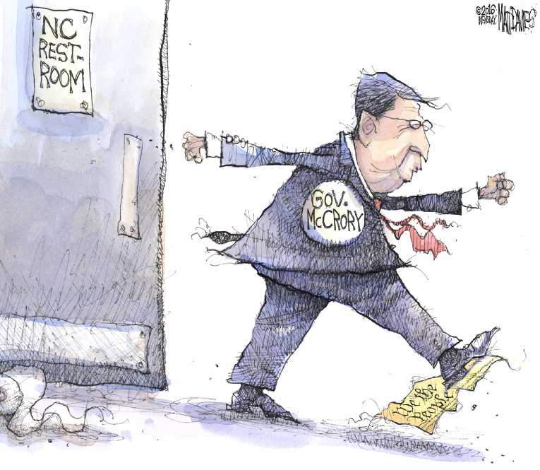Political/Editorial Cartoon by Matt Davies, Journal News on Bathroom Laws Rock N. Carolina