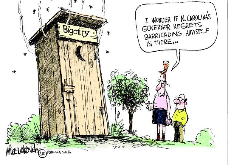 Political/Editorial Cartoon by Mike Luckovich, Atlanta Journal-Constitution on Bathroom Laws Rock N. Carolina