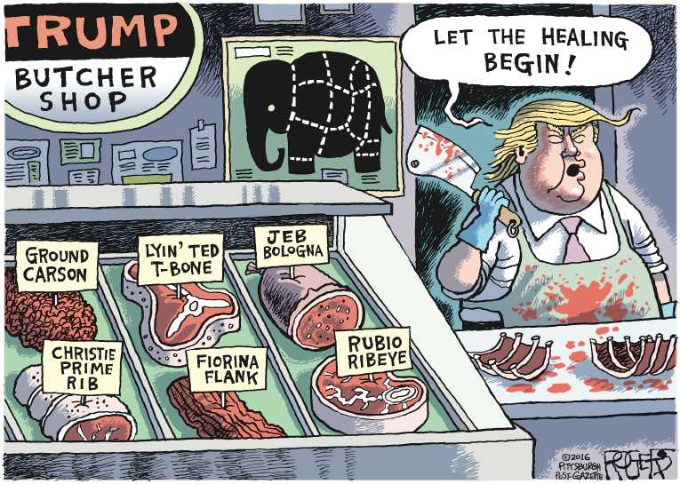 Political/Editorial Cartoon by Rob Rogers, The Pittsburgh Post-Gazette on Trump Determined to Unite Party