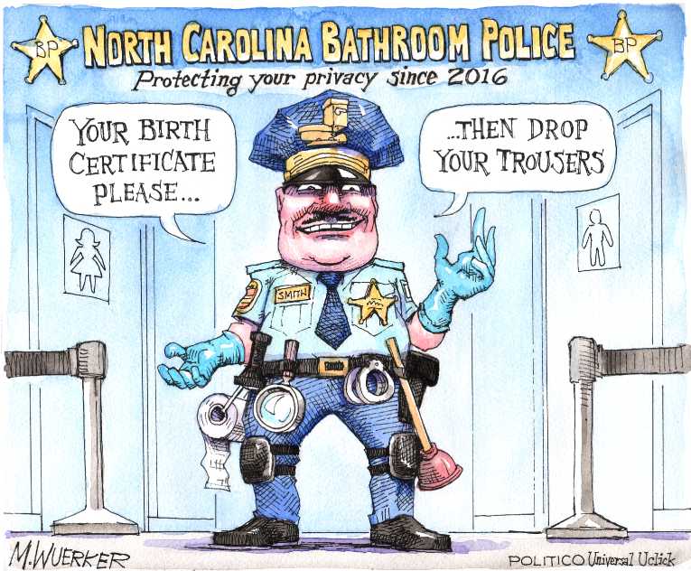 Political/Editorial Cartoon by Matt Wuerker, Politico on Bathroom Battle Escalates