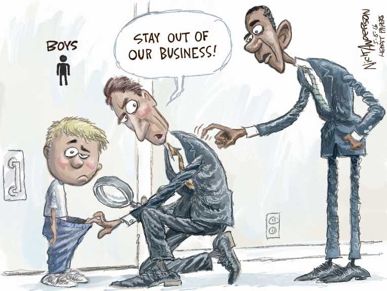 Political/Editorial Cartoon by Nick Anderson, Houston Chronicle on Bathroom Battle Escalates