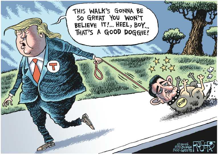 Political/Editorial Cartoon by Rob Rogers, The Pittsburgh Post-Gazette on GOP Rallies Behind Trump