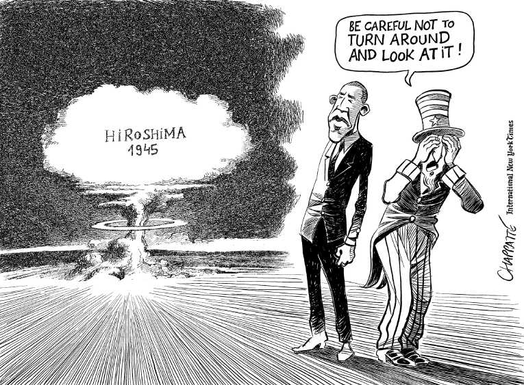 Political/Editorial Cartoon by Patrick Chappatte, International Herald Tribune on Obama Visits Hiroshima