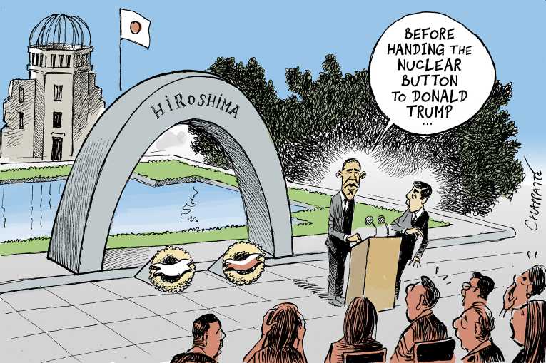 Political/Editorial Cartoon by Patrick Chappatte, International Herald Tribune on Obama Visits Hiroshima
