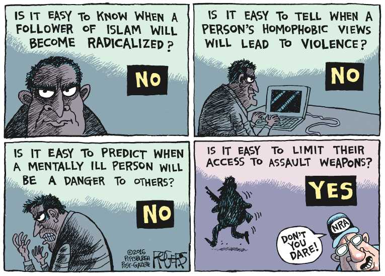 Political/Editorial Cartoon by Rob Rogers, The Pittsburgh Post-Gazette on 49 Killed at Nightclub