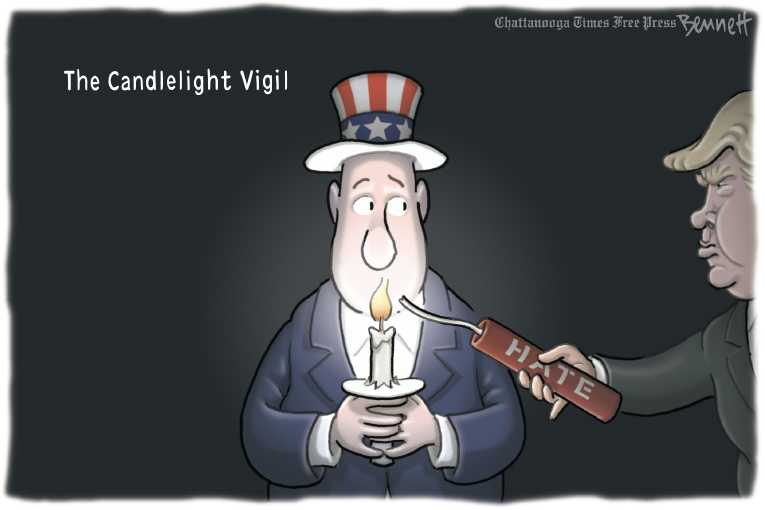 Political/Editorial Cartoon by Clay Bennett, Chattanooga Times Free Press on Trump Outraged