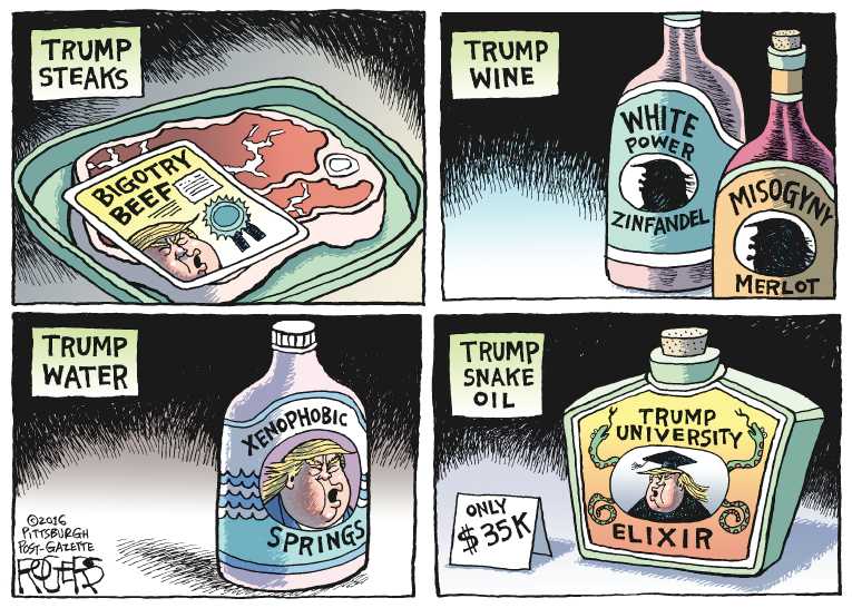 Political/Editorial Cartoon by Rob Rogers, The Pittsburgh Post-Gazette on Trump Outraged