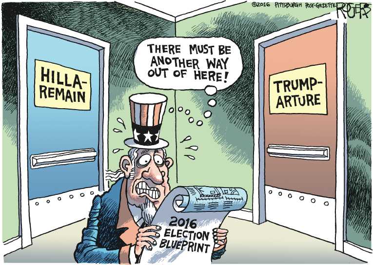 Political/Editorial Cartoon by Rob Rogers, The Pittsburgh Post-Gazette on Clinton, Trump Neck and Neck