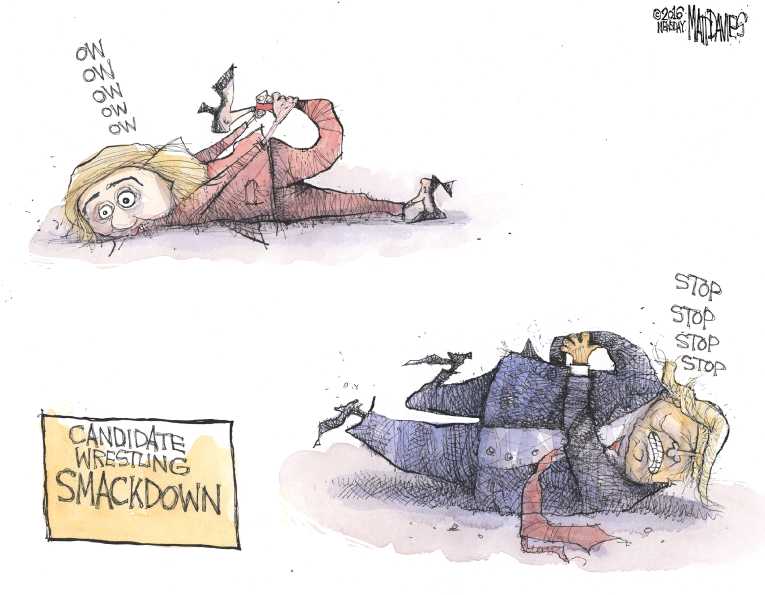Political/Editorial Cartoon by Matt Davies, Journal News on Clinton, Trump Neck and Neck